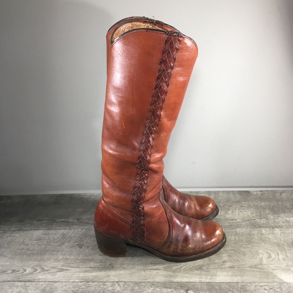 True Vintage 1970s Frye 8546 Braided Sabrina Campus Tall Brown Western Boots 8